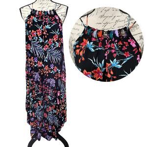 Cato Beaded Halter Neck Jumpsuit Women’s LP Petite Black Floral Wide Leg Pockets